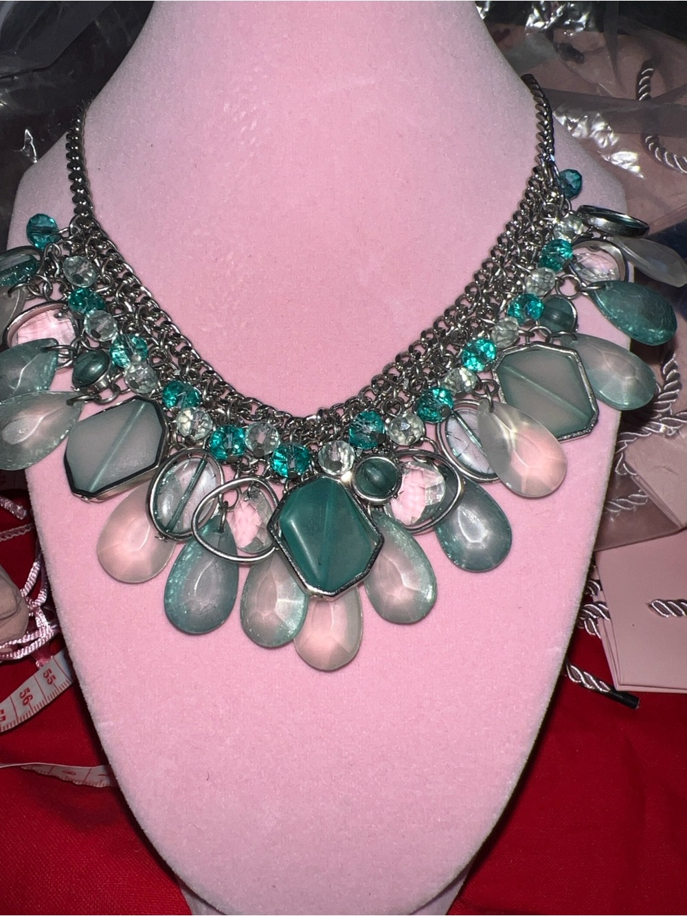 Charming Charley’s Statement Teal and Silver Bib Necklace Women Jewelry (J0047)